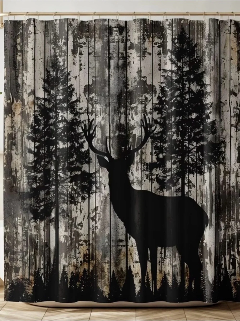 Deer Shower Curtain Vintage Wooden Board Tree Woodland Deer Silhouette Country F